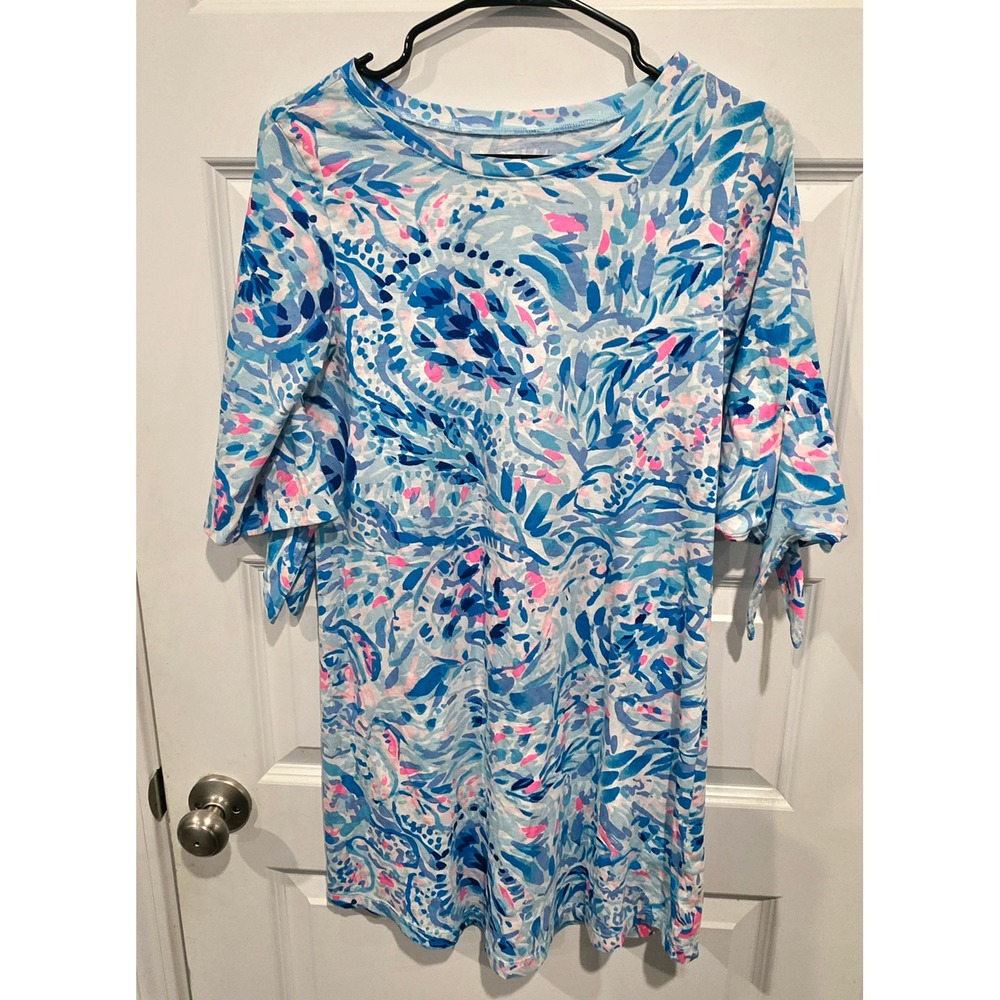 Lilly Pulitzer T-Shirt Dress Womens S Blue Pima Cotton Coastal Preppy Tie Sleeve